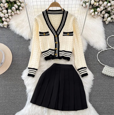 V-neck Cardigan & Pleated Skirt 2Pcs
