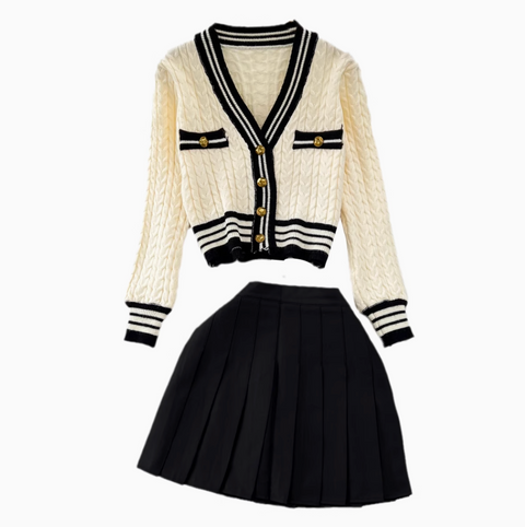 V-neck Cardigan & Pleated Skirt 2Pcs