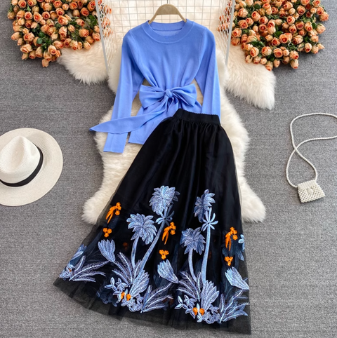 Sweater & Embroidered Mesh Skirt 2Pcs