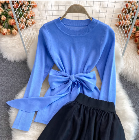 Sweater & Embroidered Mesh Skirt 2Pcs