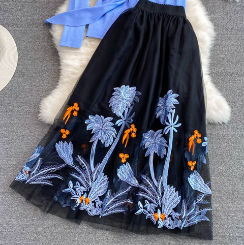 Sweater & Embroidered Mesh Skirt 2Pcs