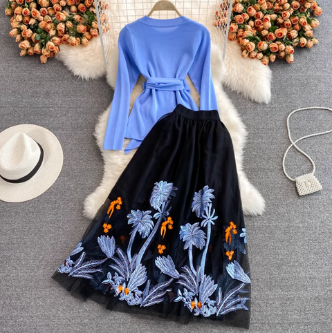 Sweater & Embroidered Mesh Skirt 2Pcs