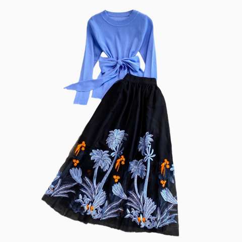 Sweater & Embroidered Mesh Skirt 2Pcs