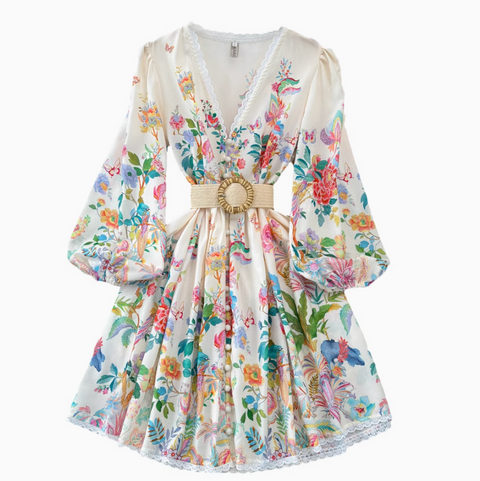 V-neck Courtly Floral Printed Dress