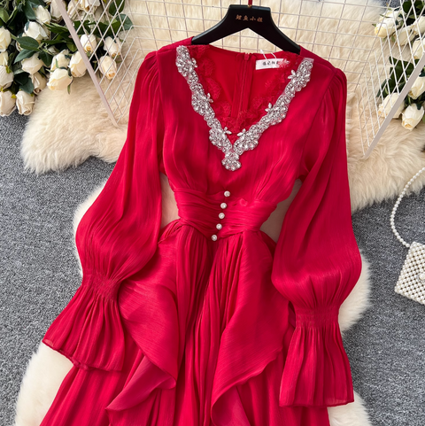 V-neck Rhinestone Studded Courtly Dress