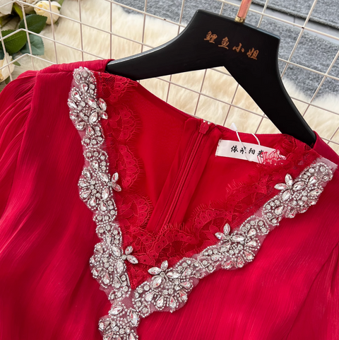 V-neck Rhinestone Studded Courtly Dress