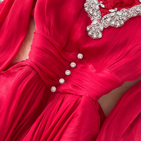 V-neck Rhinestone Studded Courtly Dress