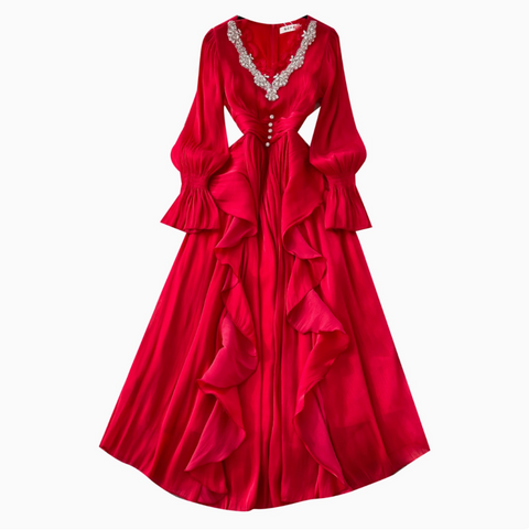V-neck Rhinestone Studded Courtly Dress