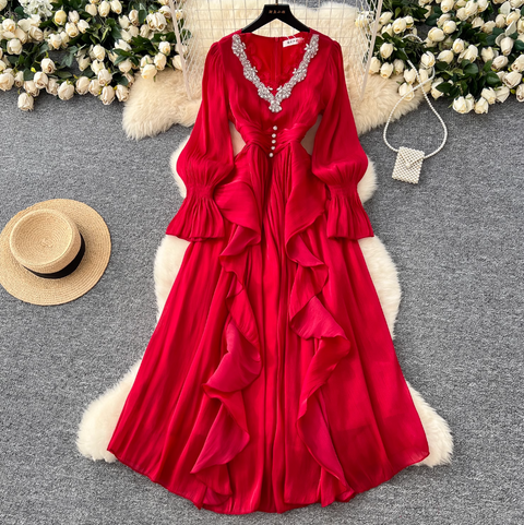 V-neck Rhinestone Studded Courtly Dress