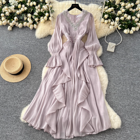 V-neck Rhinestone Studded Courtly Dress