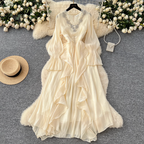 V-neck Rhinestone Studded Courtly Dress