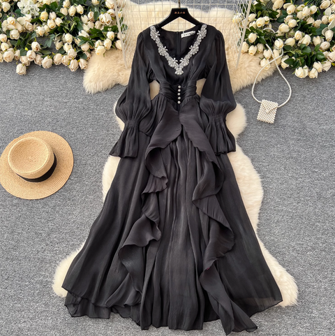 V-neck Rhinestone Studded Courtly Dress
