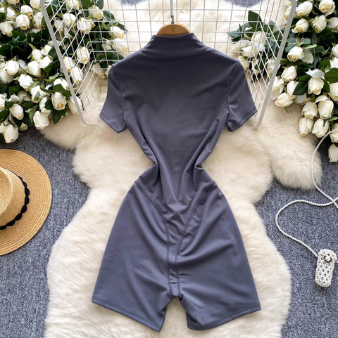Elastic Turtleneck Zipped Yoga Romper