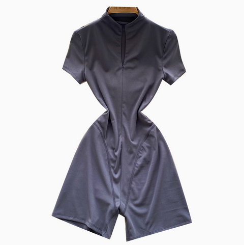 Elastic Turtleneck Zipped Yoga Romper