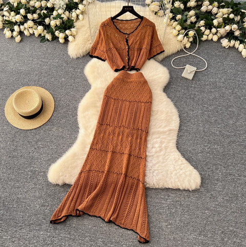 Crochet Cardigan & Half-body Skirt 2Pcs