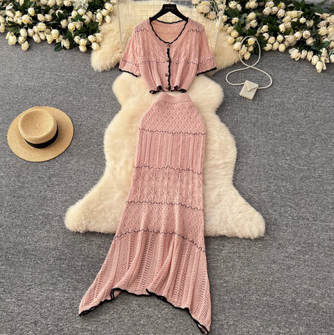 Crochet Cardigan & Half-body Skirt 2Pcs