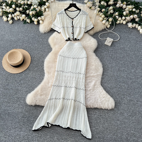 Crochet Cardigan & Half-body Skirt 2Pcs