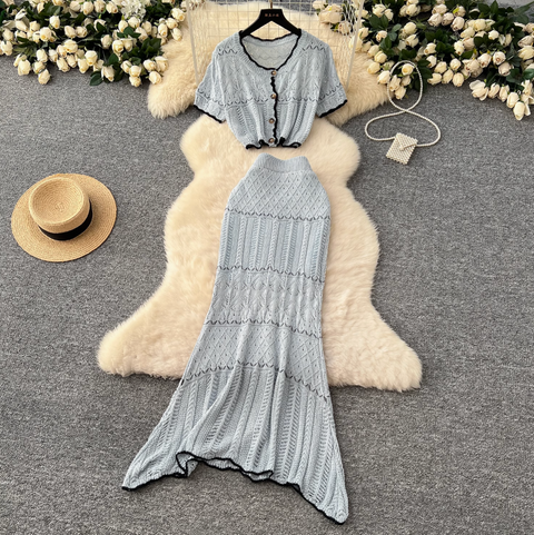 Crochet Cardigan & Half-body Skirt 2Pcs