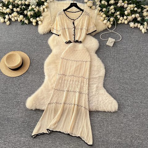 Crochet Cardigan & Half-body Skirt 2Pcs