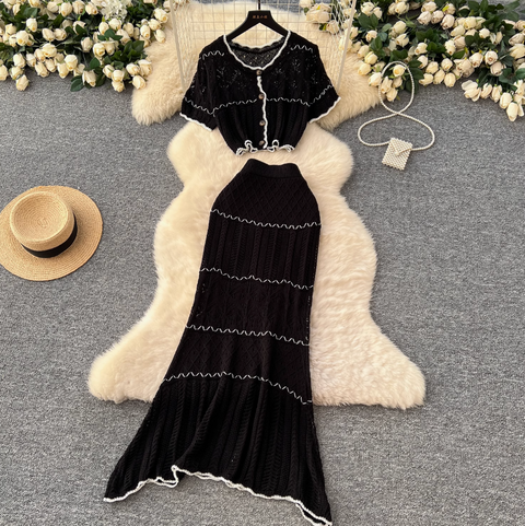 Crochet Cardigan & Half-body Skirt 2Pcs