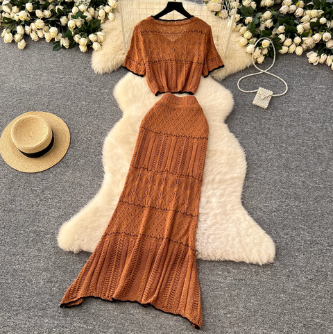 Crochet Cardigan & Half-body Skirt 2Pcs