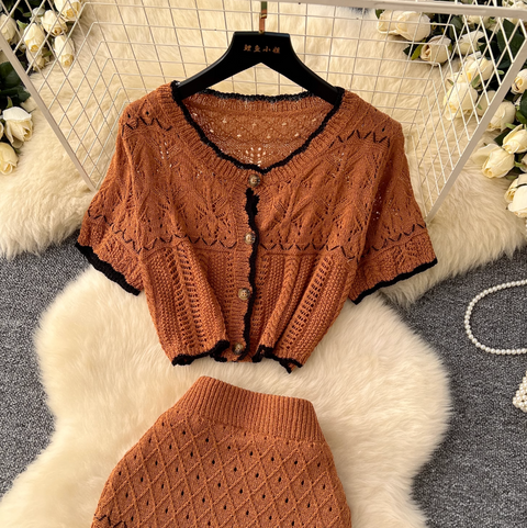Crochet Cardigan & Half-body Skirt 2Pcs