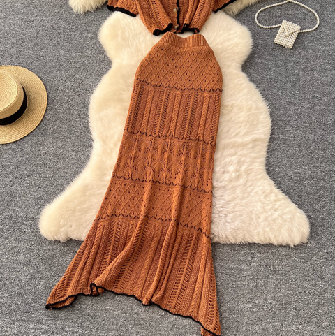 Crochet Cardigan & Half-body Skirt 2Pcs