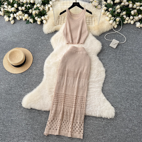 Hollowed Camisole & Skirt Crochet Knit 2Pcs