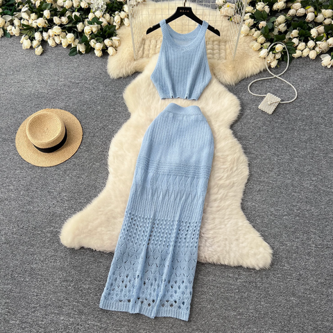 Hollowed Camisole & Skirt Crochet Knit 2Pcs