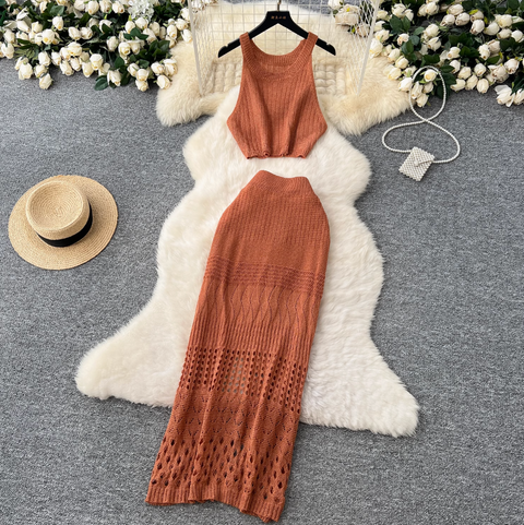 Hollowed Camisole & Skirt Crochet Knit 2Pcs