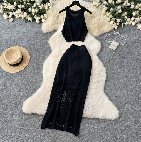 Hollowed Camisole & Skirt Crochet Knit 2Pcs