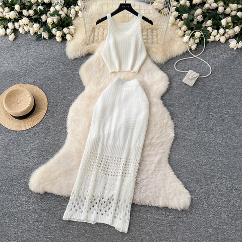 Hollowed Camisole & Skirt Crochet Knit 2Pcs