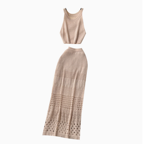 Hollowed Camisole & Skirt Crochet Knit 2Pcs