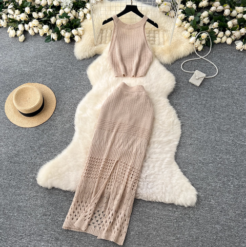 Hollowed Camisole & Skirt Crochet Knit 2Pcs