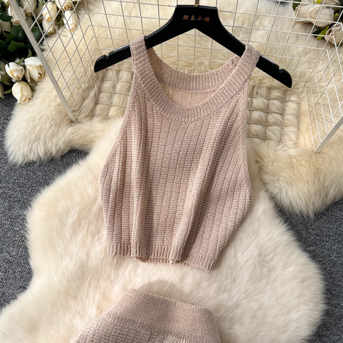 Hollowed Camisole & Skirt Crochet Knit 2Pcs