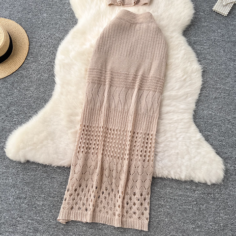 Hollowed Camisole & Skirt Crochet Knit 2Pcs