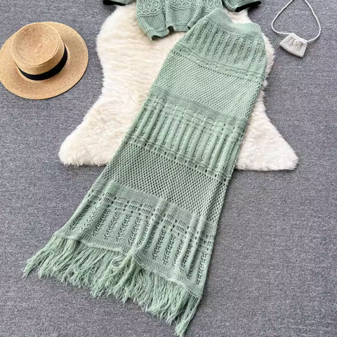 Hollowed Knitwear & Fishtail Skirt 2Pcs