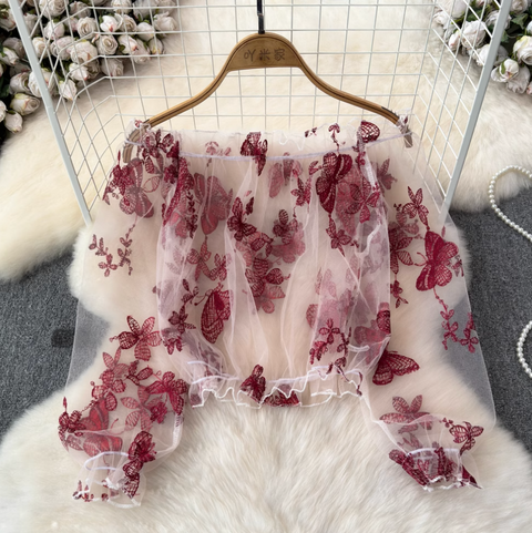 See-through Embroidered Floral Lace Shirt
