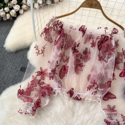 See-through Embroidered Floral Lace Shirt