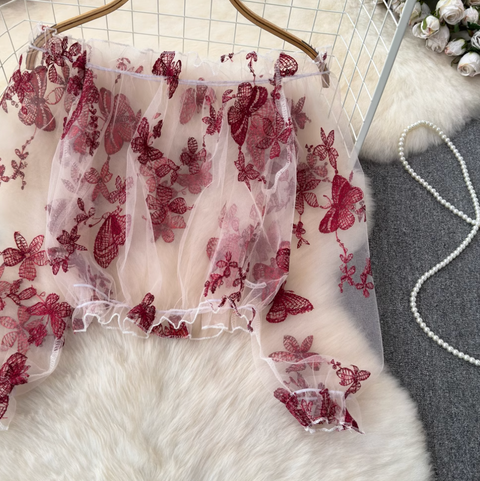 See-through Embroidered Floral Lace Shirt
