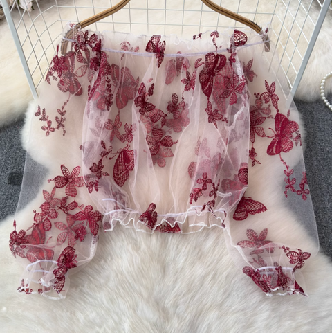 See-through Embroidered Floral Lace Shirt
