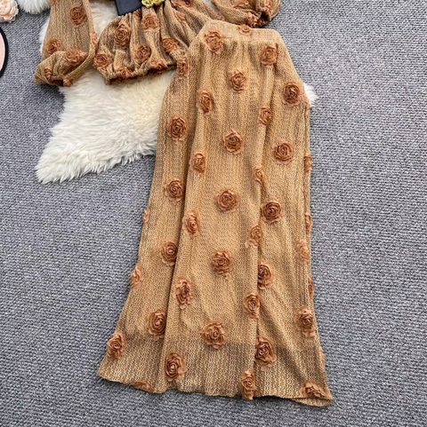 3D Floral Hollowed Knitwear & Skirt Sets
