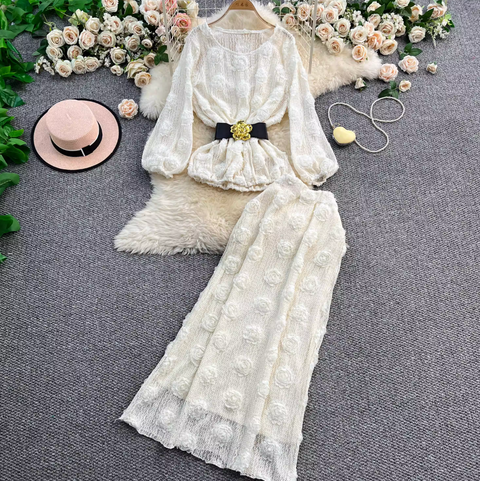 3D Floral Hollowed Knitwear & Skirt Sets