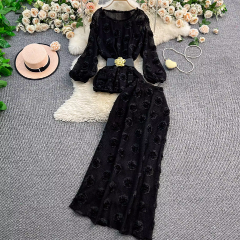 3D Floral Hollowed Knitwear & Skirt Sets