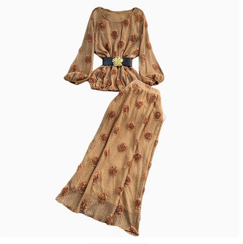 3D Floral Hollowed Knitwear & Skirt Sets