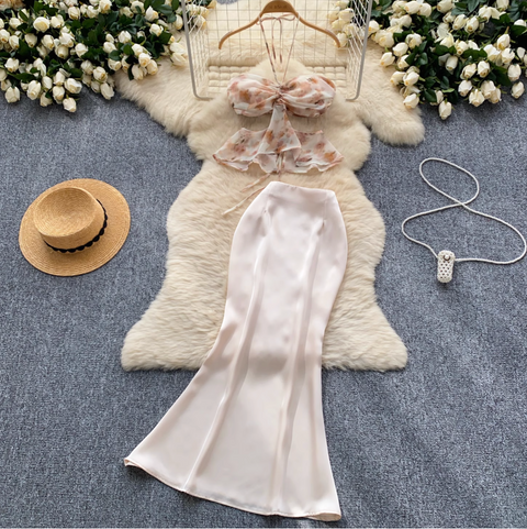 Hollowed Halter Top & Satin Skirt 2Pcs