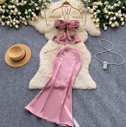 Hollowed Halter Top & Satin Skirt 2Pcs