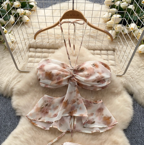 Hollowed Halter Top & Satin Skirt 2Pcs