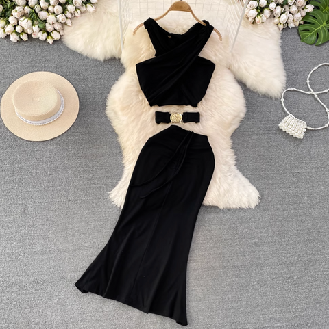Cross V-neck Top & Fishtail Skirt Black 2Pcs