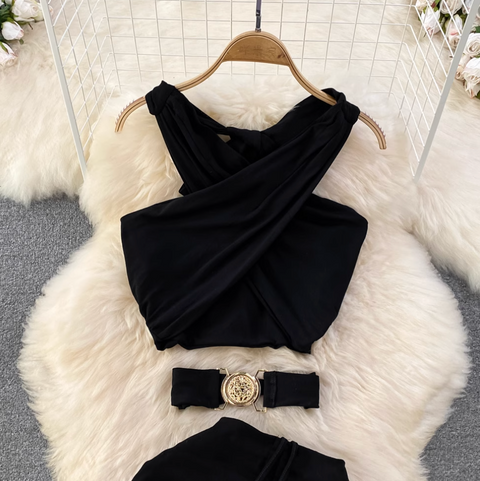 Cross V-neck Top & Fishtail Skirt Black 2Pcs